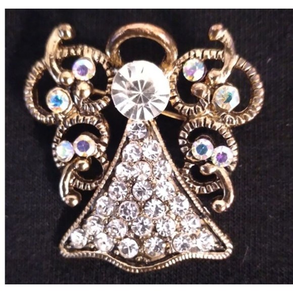 Vintage Gold Silver Toned Rhinestones Angel Guardian Pin Brooch - Picture 2 of 7